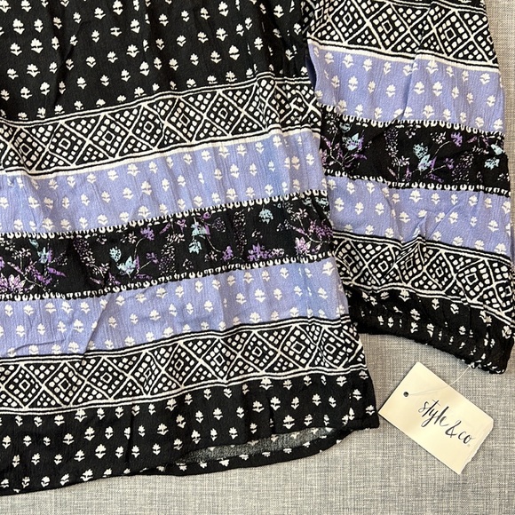 Style & Co Black & Purple Printed LaceUp V-Neck Peasant Top Size Large - Picture 4 of 5